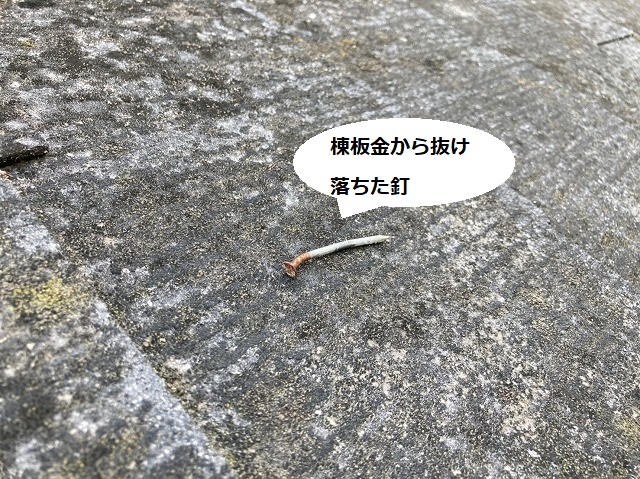 棟板金の釘が抜けスレート屋根に落ちている
