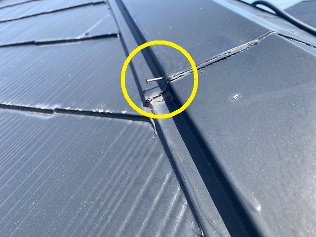 棟板金の留め具の釘が抜けかかっている状態