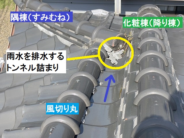 化粧棟と隅棟の交わる部分のトンネル詰まり