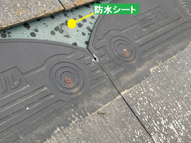 スレート屋根材が脱落し、防水シートが剥き出しになっている
