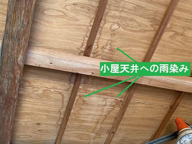 小屋天井に発生していた雨染み