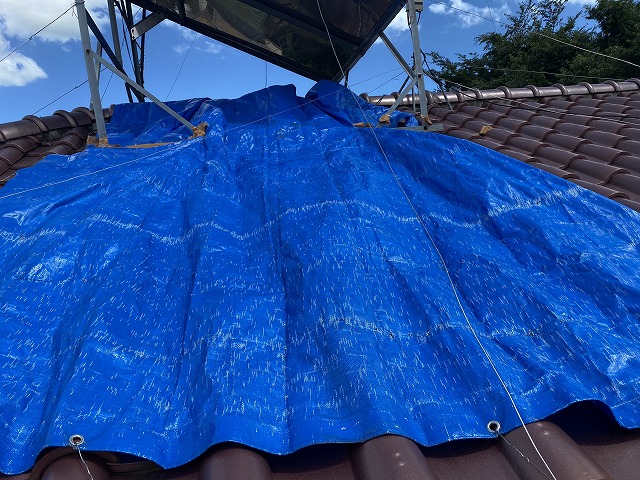 雨漏りしている屋根に掛けられていたブルーシート