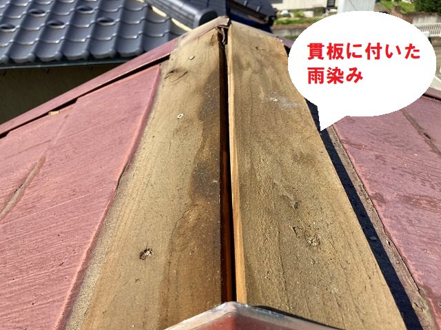 棟板金を捲ると貫板には雨染みがありました