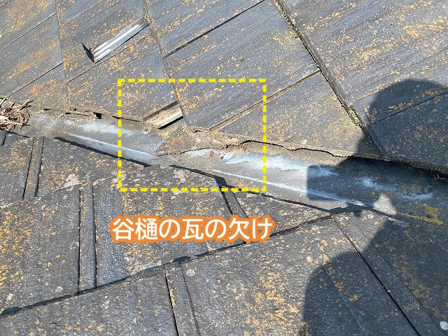 セメント瓦谷樋に欠けた瓦を発見