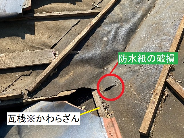 瓦桟のすぐそばの防水紙が破損