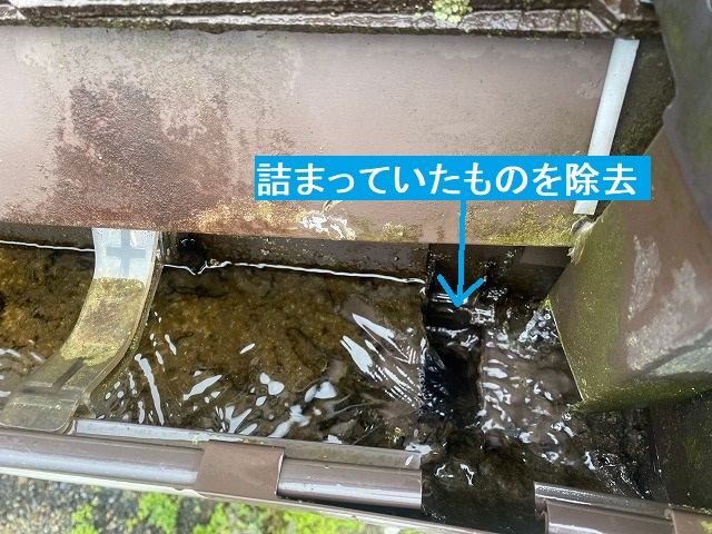 雨樋の詰まり物を突いて除去