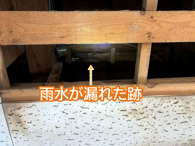 天井裏の雨水が漏れた跡