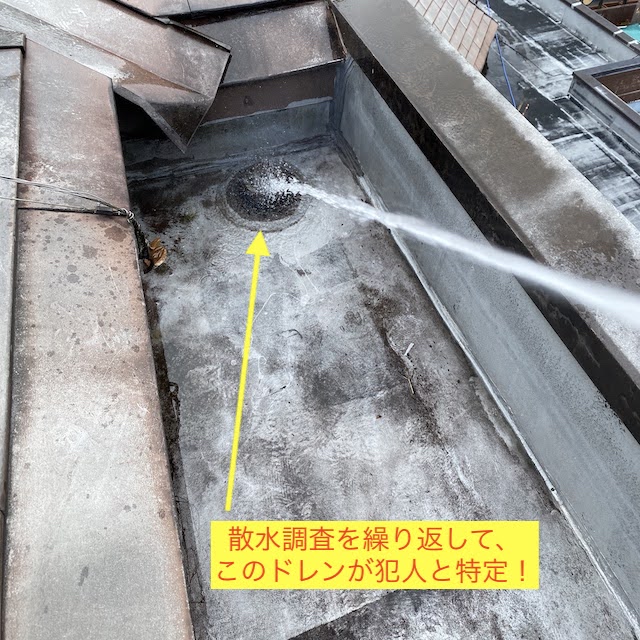 排水ドレン部に散水調査を行う