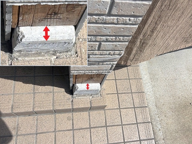 車がぶつかり束石からズレた向かって右側の玄関柱