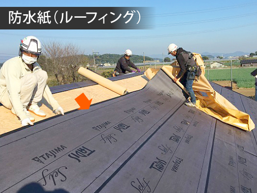 野地板の上にルーフィングを施工する