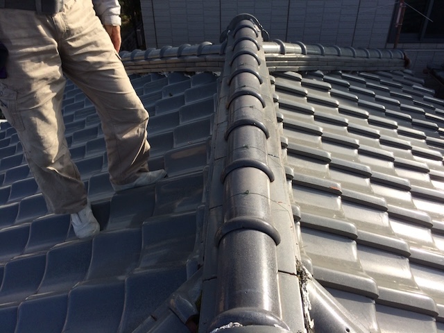 屋根全体の瓦のズレや歪みを目視で正確に確認する様子