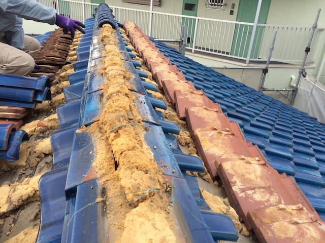 宇治市の瓦撤去作業中。大量に敷き詰められた葺き土により屋根が重くなっている状況の確認。