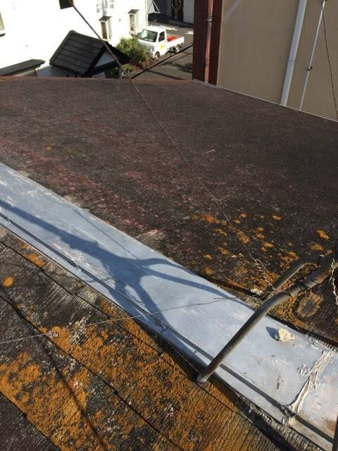 北面スレート屋根の著しい苔と藻の発生。撥水機能が失われ劣化が進行している状態
