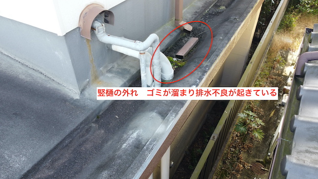 樋が外れゴミが溜まっている