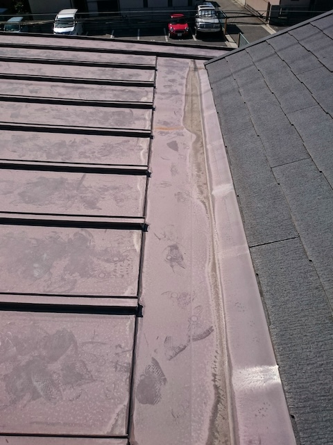 塗装が必要な劣化して色あせた瓦棒葺きの金属屋根