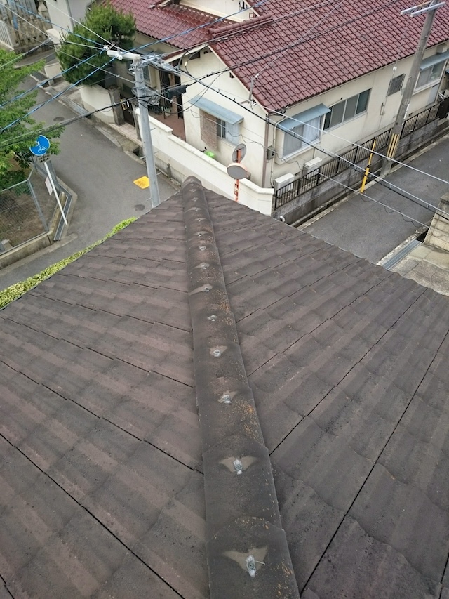 メンテナンスが必要なモニエル瓦の棟瓦。漆喰の補修とビスの増し打ち補強、および専用塗料による保護を提案。