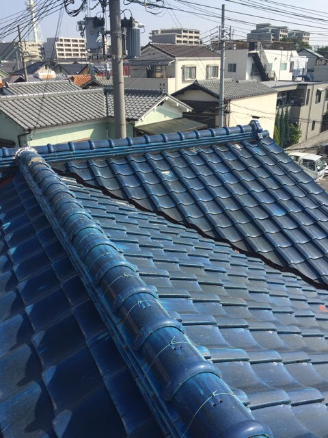 * 京都府宇治市の現地調査。青緑色の瓦屋根全体の様子。 まず目についたのは、平らな瓦が重なっている部分です。