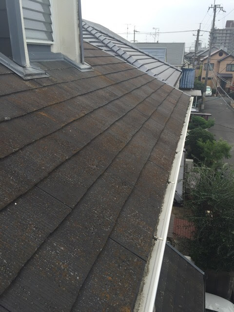 京都市伏見区深草の屋根調査。古いカラーベスト（スレート屋根）の表面が色褪せ、緑色のコケが繁殖している様子