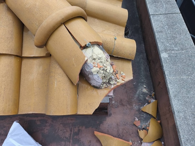 隅棟（すみむね）の端部瓦が落下し、内部の葺き土が露出したS瓦の屋根。雨水の浸入やさらなる瓦落下の危険がある状態。
