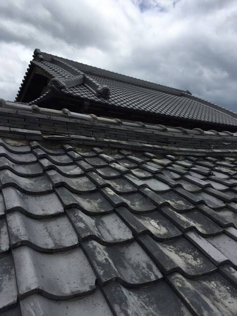 京都市伏見区で古い瓦屋根の棟まわりを点検している様子