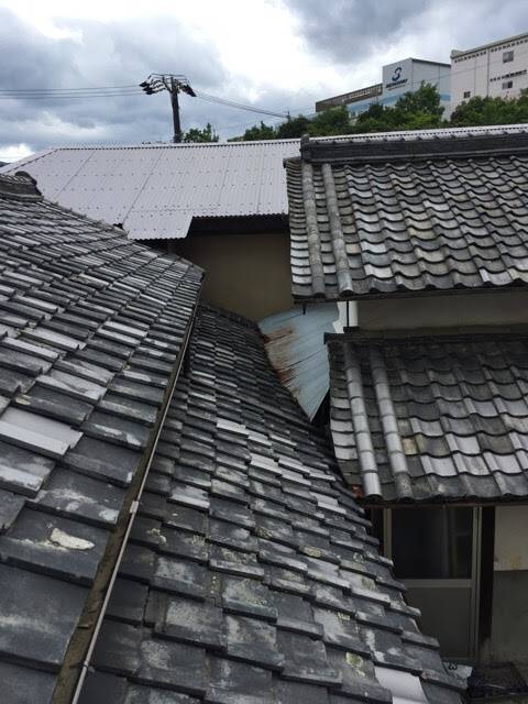 京都市伏見区で瓦屋根と波板屋根の取り合い（繋ぎ目）を点検している様子