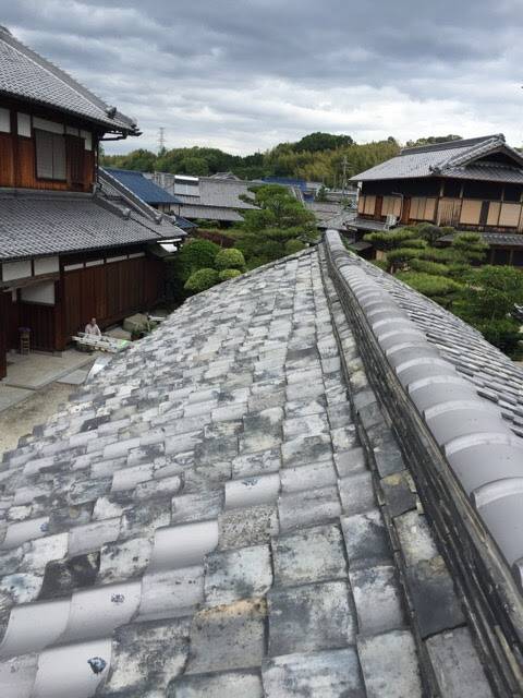白い汚れや色ムラが出ている古い瓦屋根の全景