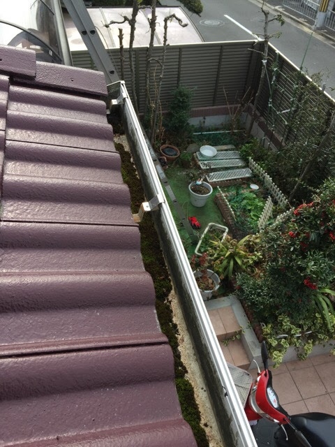 京田辺市での屋根現地調査。スレート瓦にコケが発生し防水性が低下している様子