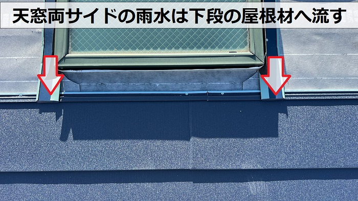 天窓両サイドの雨水は下段の屋根材へ流します