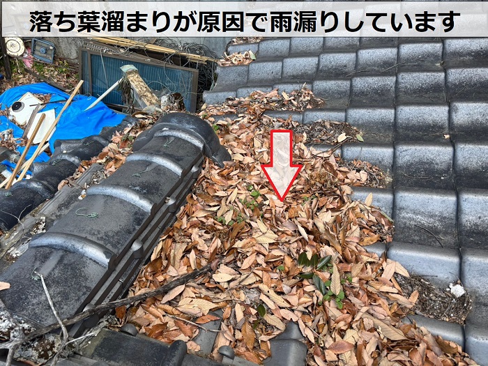 落ち葉溜まりが原因で雨漏りしている様子