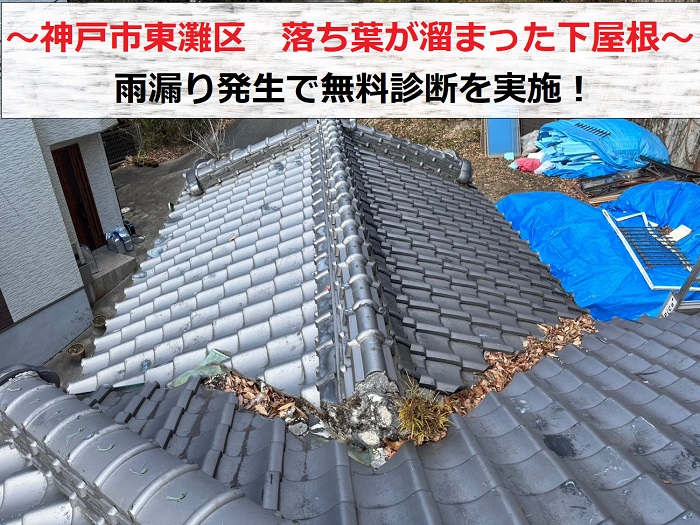 神戸市東灘区で下屋根に落ち葉が溜まり雨漏りの無料診断を行う現場紹介