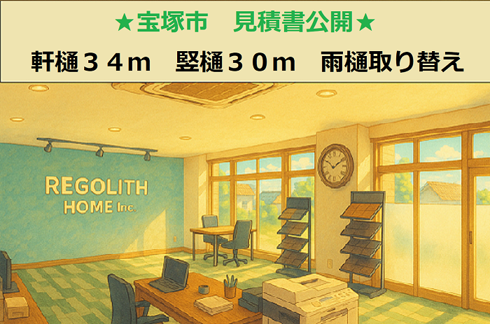 宝塚市で軒樋３４ｍ竪樋３０ｍの雨樋取り替えを行う現場のサムネイル