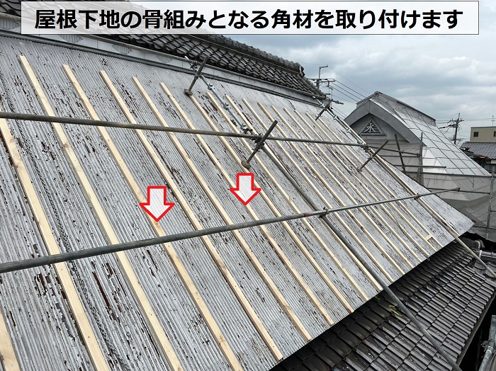 茅葺屋根の改修工事で角材を取り付けている様子