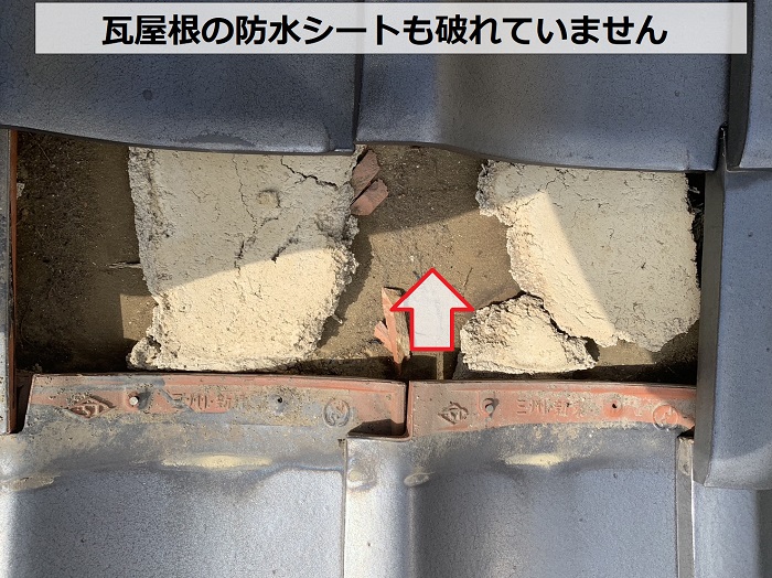雨漏りしている瓦屋根の防水シートを点検している様子