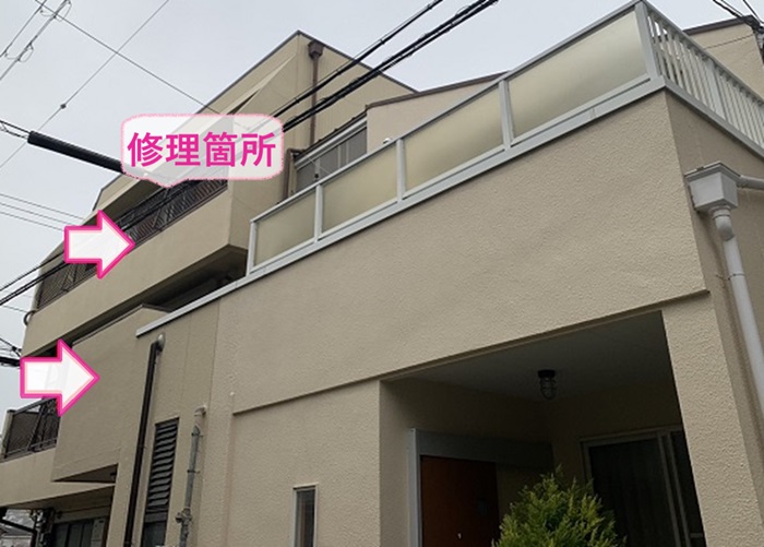 西宮市で笠木メンテナンスする２階と３階部分の様子