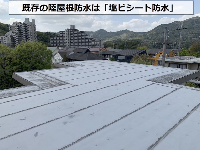 雨漏り修理前の陸屋根は塩ビシート防水