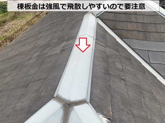強風で飛散しやすい棟板金を調査