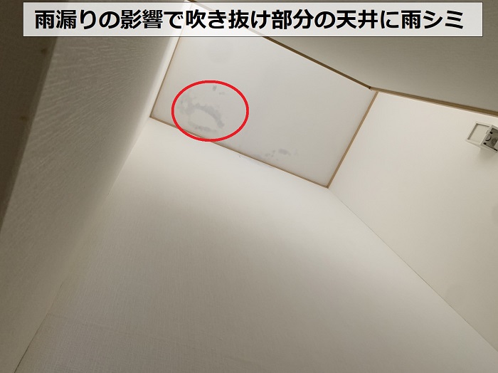 風災で屋根が破損し室内の天井に雨漏りしている様子