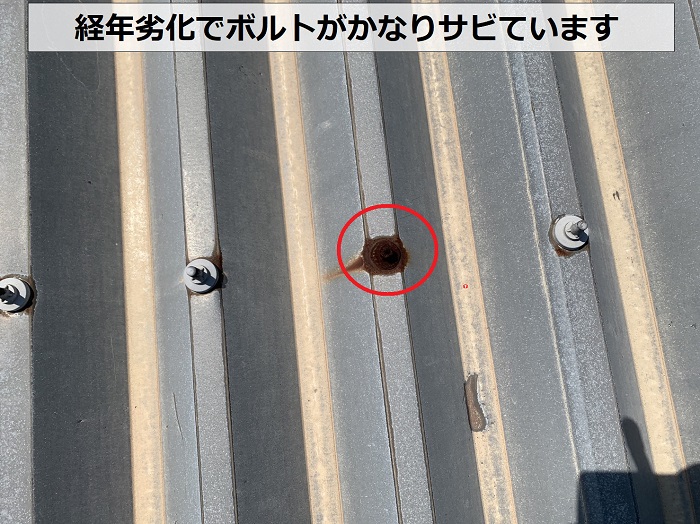 経年劣化で折半屋根のボルトが錆びている様子