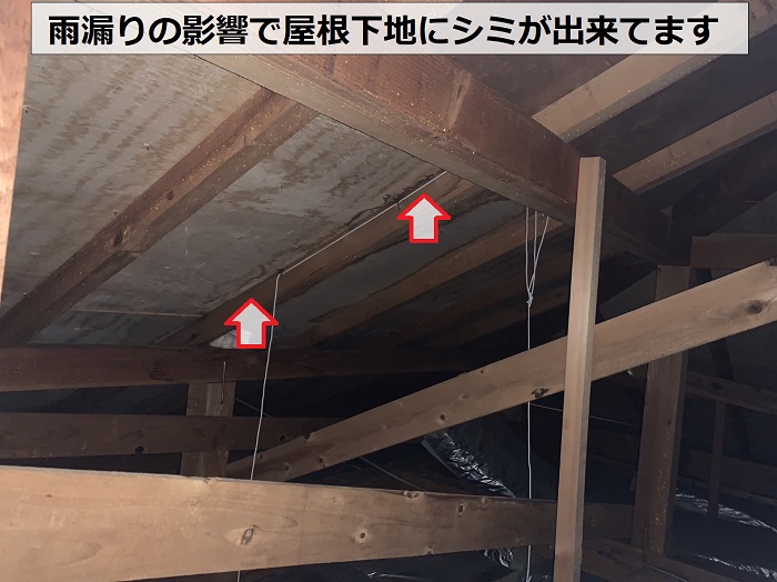 雨漏りの影響で屋根下地にシミが出来ている様子