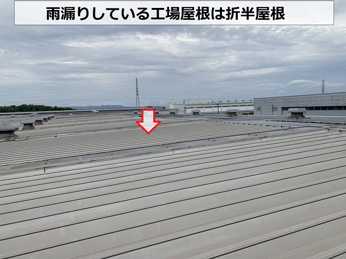 加東市での雨漏りしている工場屋根は折半屋根