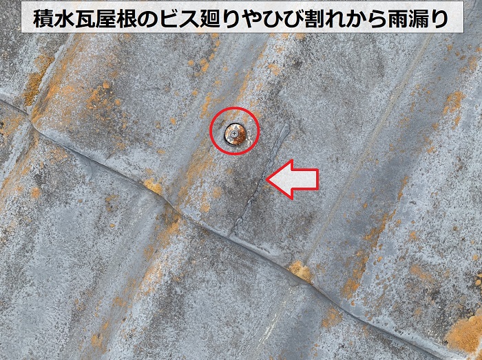 積水瓦屋根のビス廻りやひび割れ個所から雨漏りしている様子