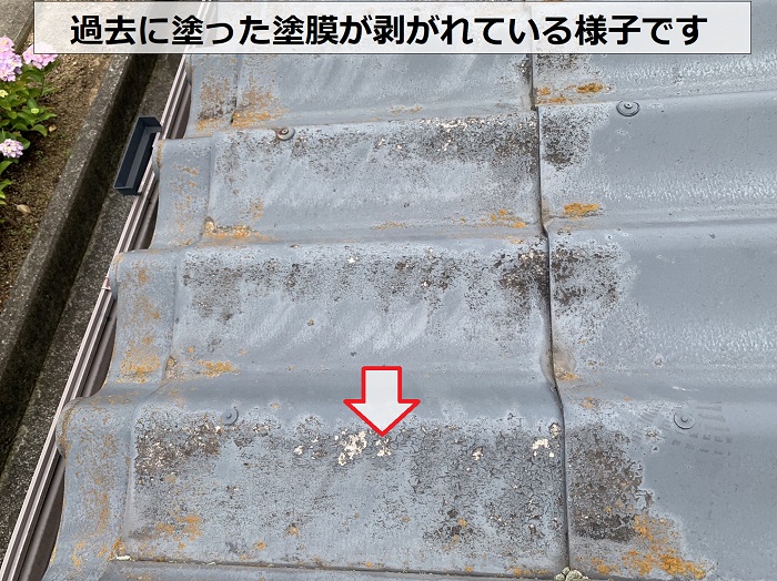 積水瓦に塗られている塗膜が剥がれている様子