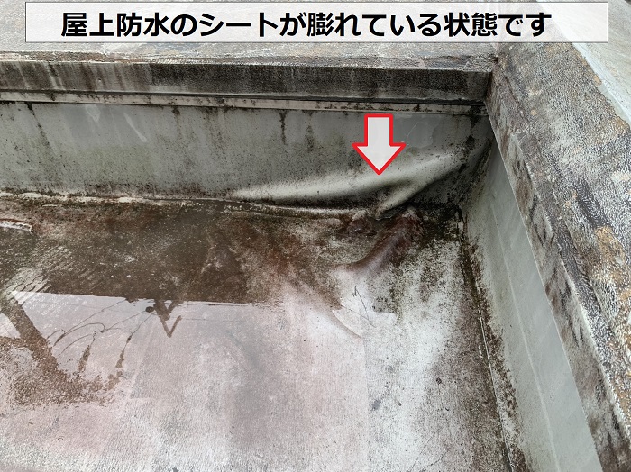 西宮市で屋上防水のシートが膨れている様子