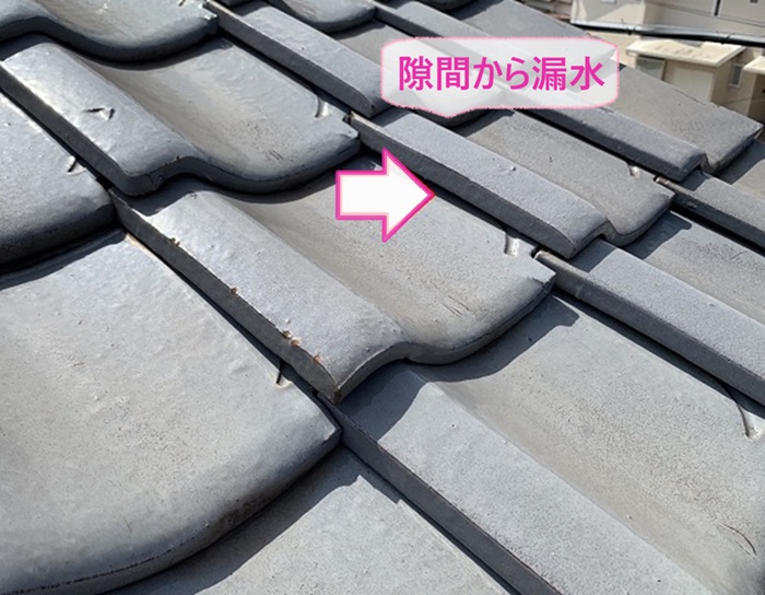 軽量屋根材へ葺き替えリフォームする既存の瓦屋根の隙間から漏水している様子