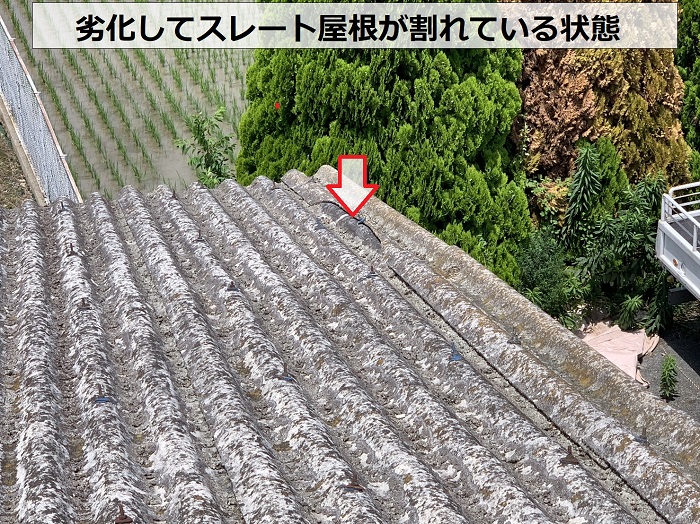 工場のスレート屋根が劣化して割れている様子