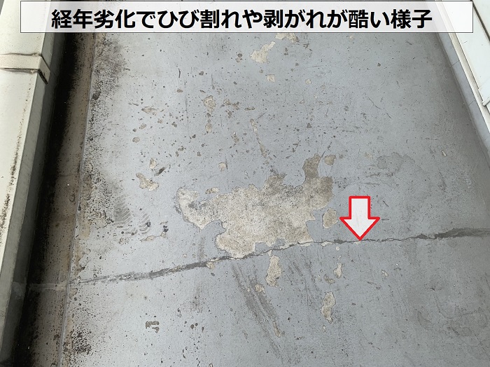 事業所の共用廊下が劣化でひび割れている様子