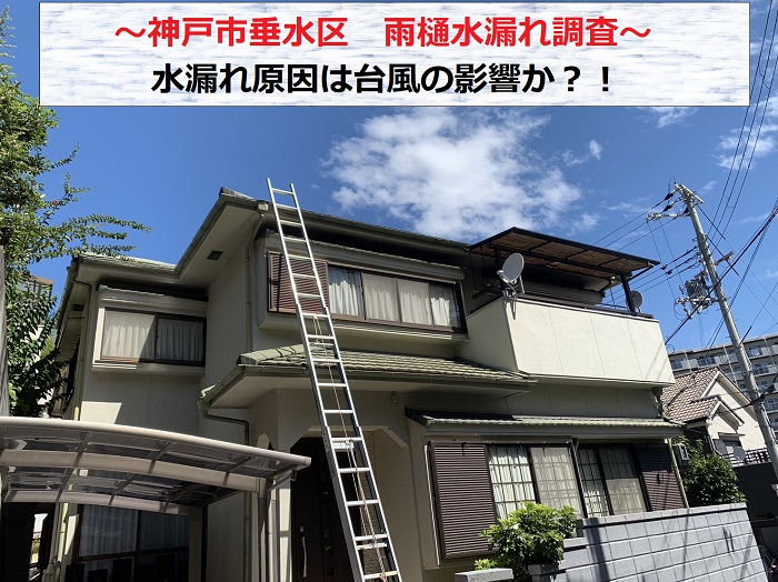 神戸市垂水区で台風通過後に水漏れしている雨樋の調査を行う現場の様子