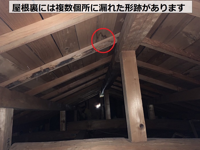 瓦屋根の屋根裏に雨漏りの形跡が複数あります