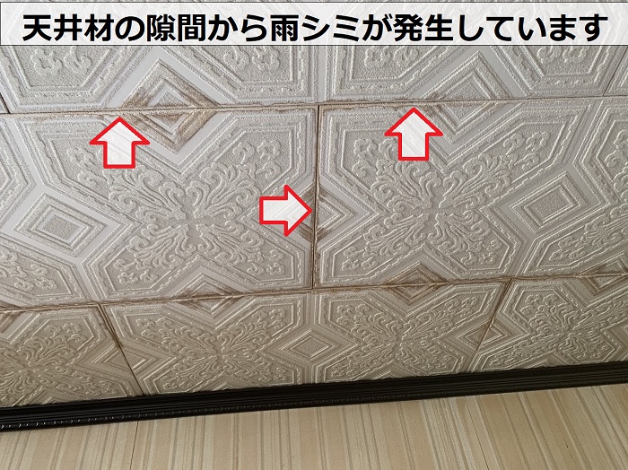 緩傾斜な屋根からの雨漏りで天井にシミが発生している様子