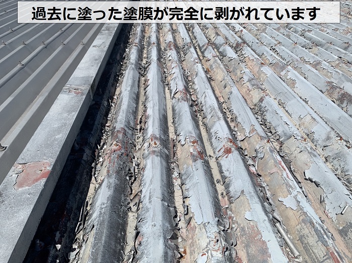 過去に折半屋根へ塗った塗膜が完全に剥がれている様子